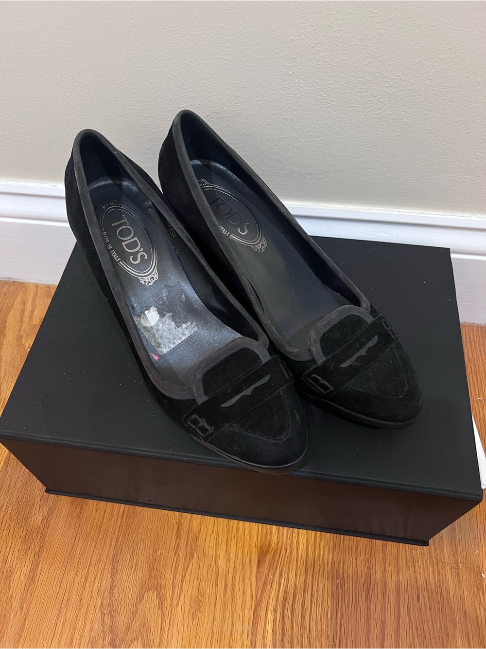 Tod's Black Suede Penny Loafer Wedge Pumps US 7/EU 37 Women’s